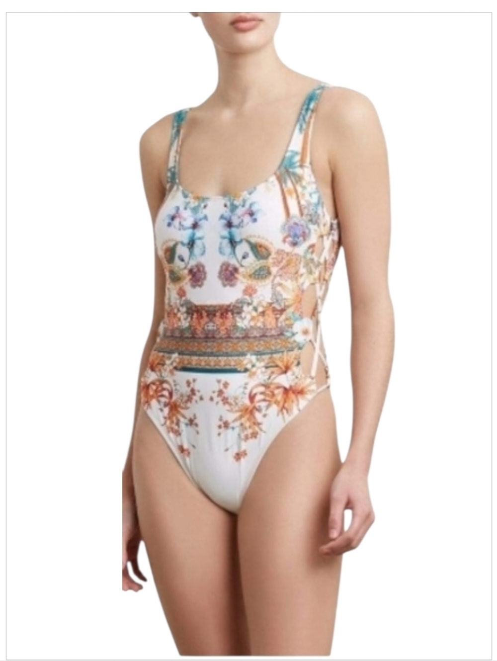 NWT Kennth Cole New York Tahiti Plunge Lattice Side Mio One Piece sz L
